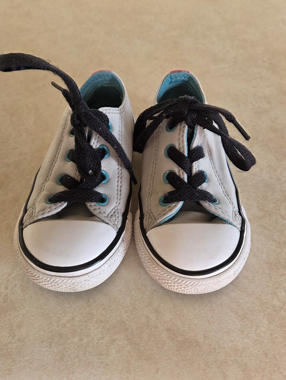 Converse Kids White Canvas Sneakers with Black Laces and Teal Eyelets